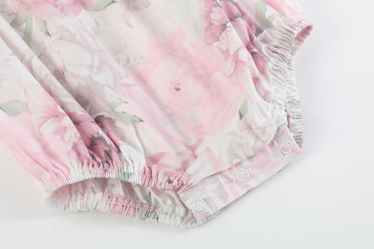 Pink and White Peony Bunny Smocked Flutter Romper