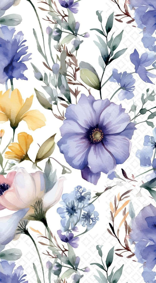 Loblolly Girl Purple Posy watercolor floral decoupage napkins, set of 2. Features purple, lavender, yellow, and blush blooms with greenery.
