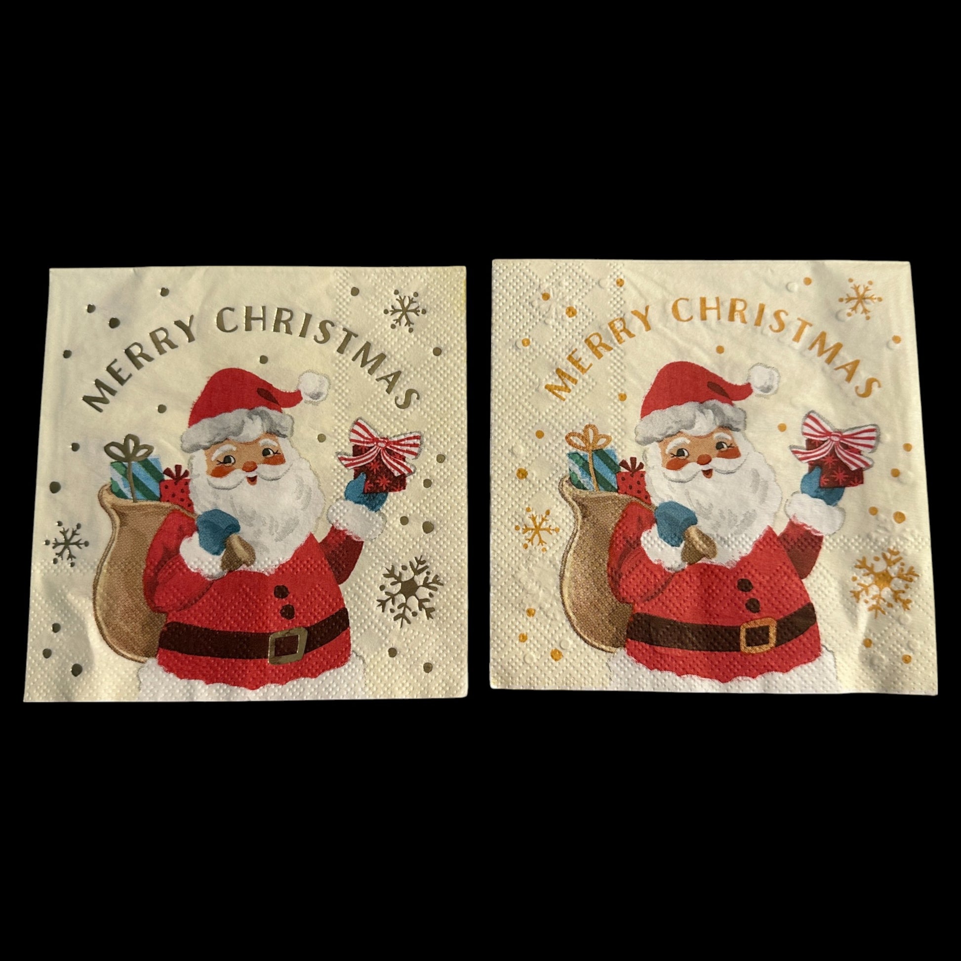 Two Close-ups of  cocktail napkins featuring a retro Santa Claus holding a gift and sack of presents with gold foil “Merry Christmas” text and snowflake accents.