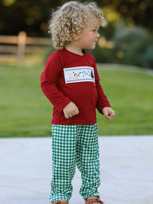 Christmas Tree Dog Smocking Embroidered  Plaid Boys Set