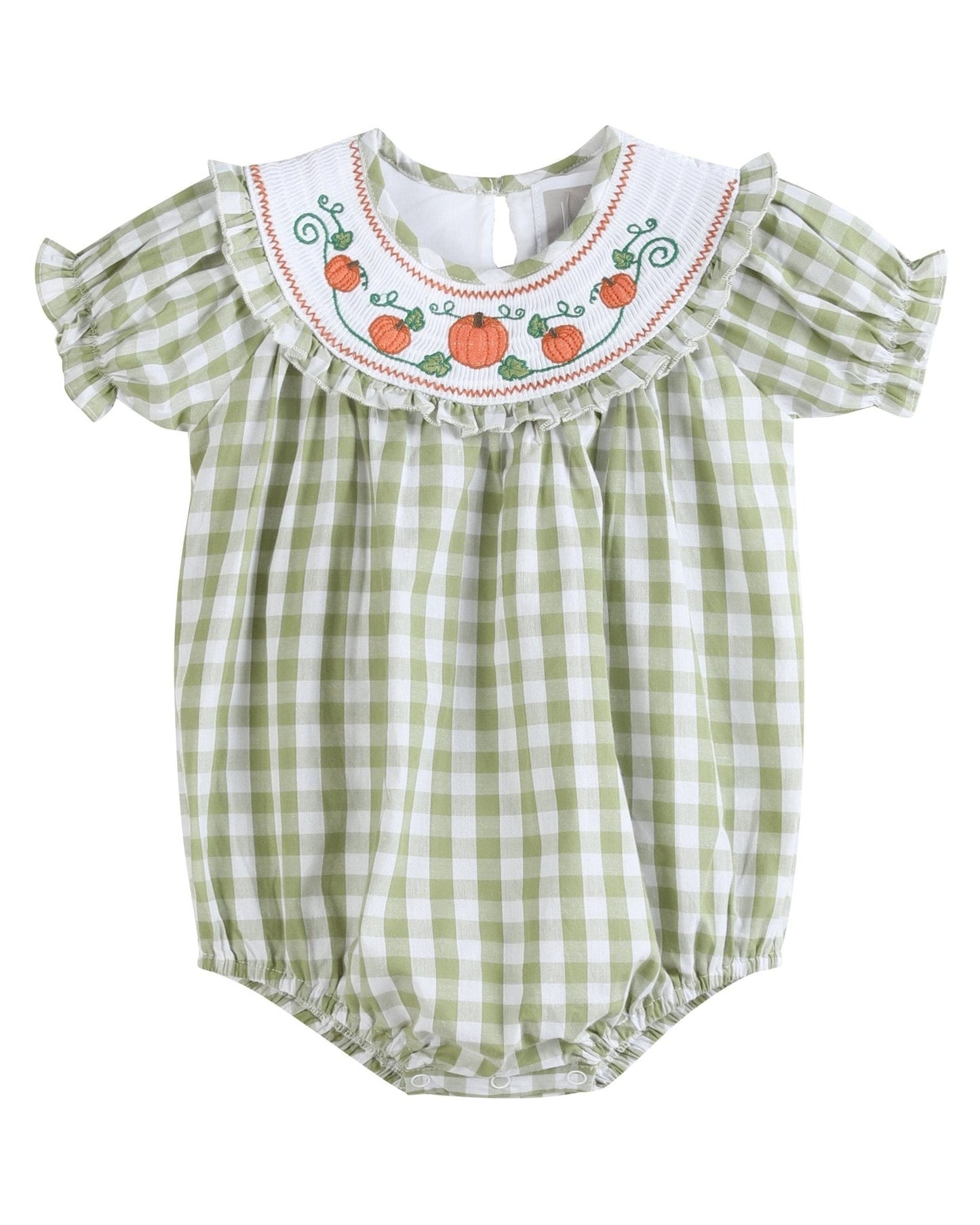 Sage Green Gingham Pumpkin Smocked Romper