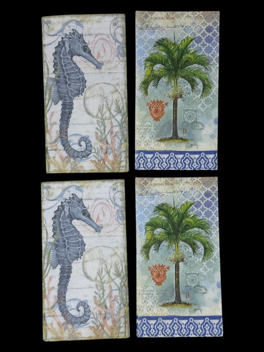 Seahorse & Royal Palm Coastal Bundle Guest Decoupage Paper Napkins – Vintage Nautical Set of 4 | 2 Designs