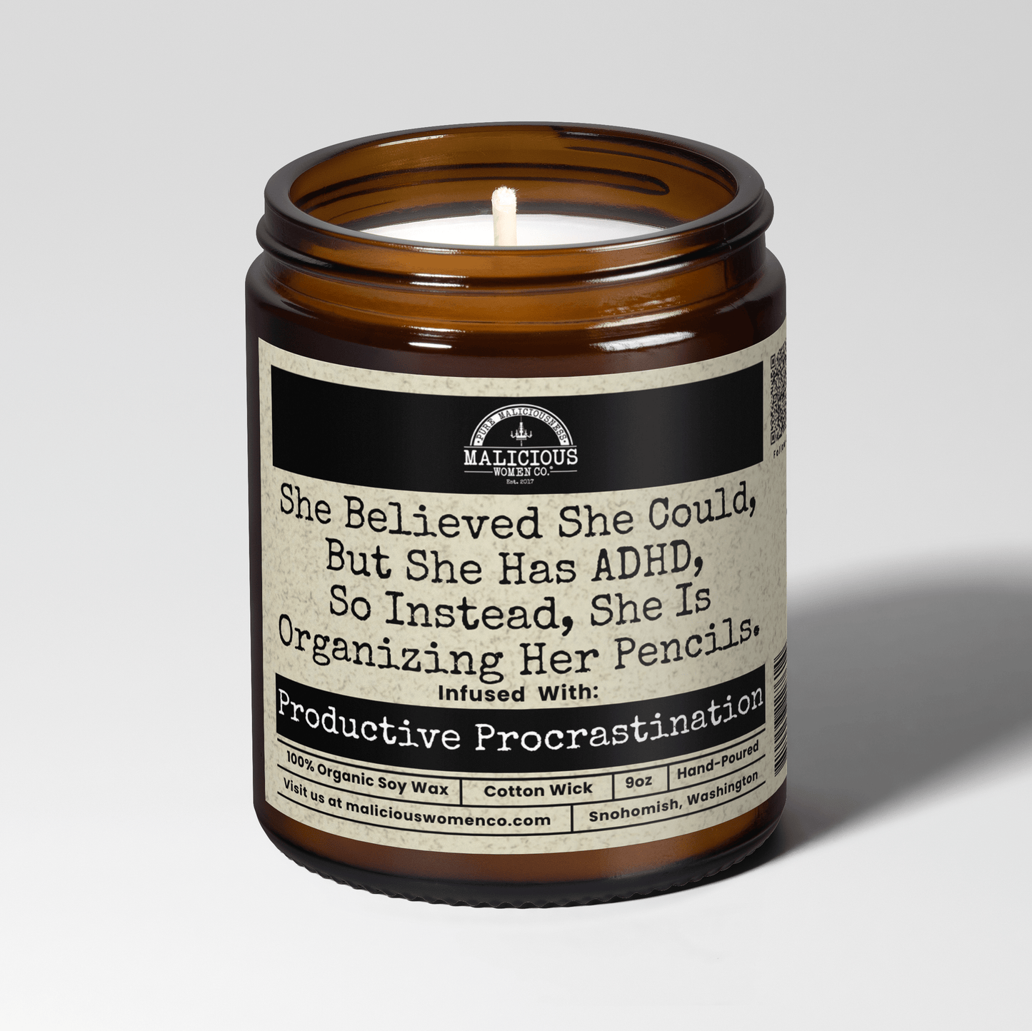 She Believed She Could, But She Has ADHD, So Instead, She Is Organizing Her Pencils. | Scent: Clean Linen | 9oz Mental Health Candle | Malicious Women Co