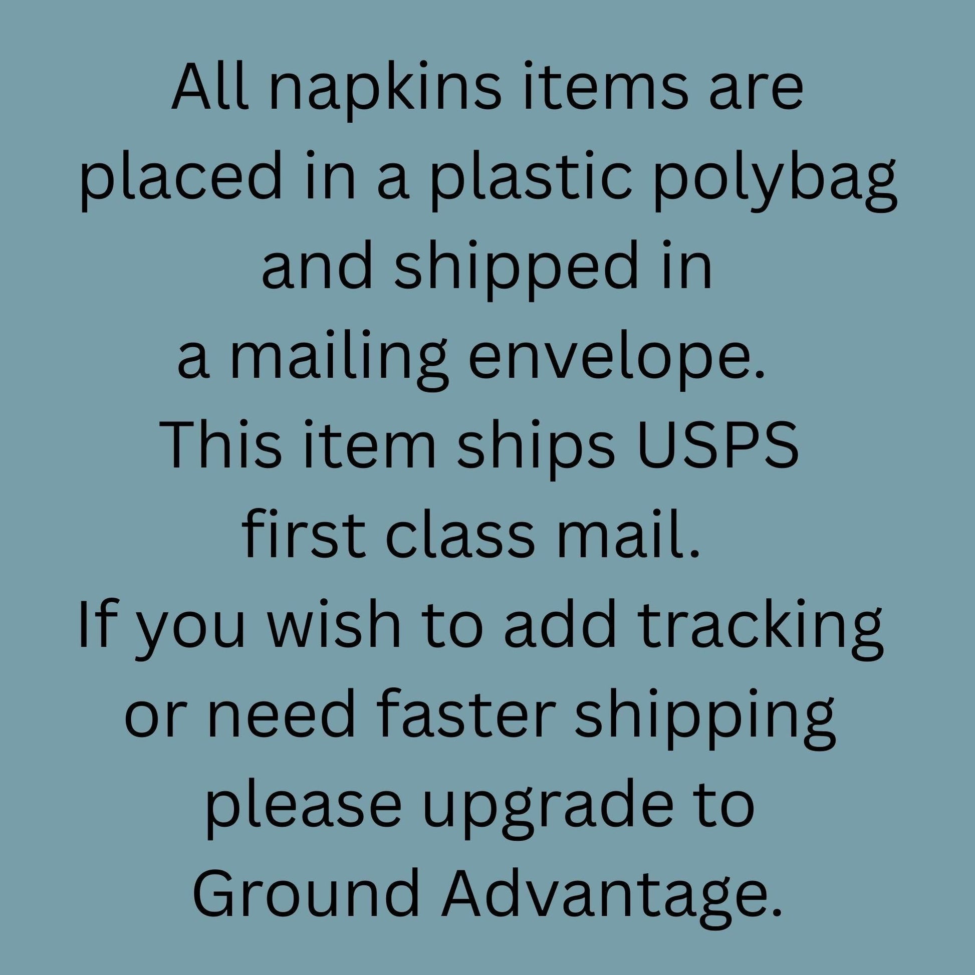 Text on a blue background explaining shipping details for napkin items.