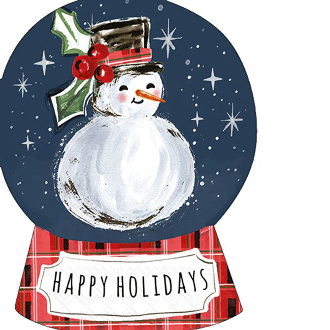 Shaped decoupage napkin featuring a smiling snowman in a snowglobe with a red plaid base and “Happy Holidays” text for Christmas crafts and decor.