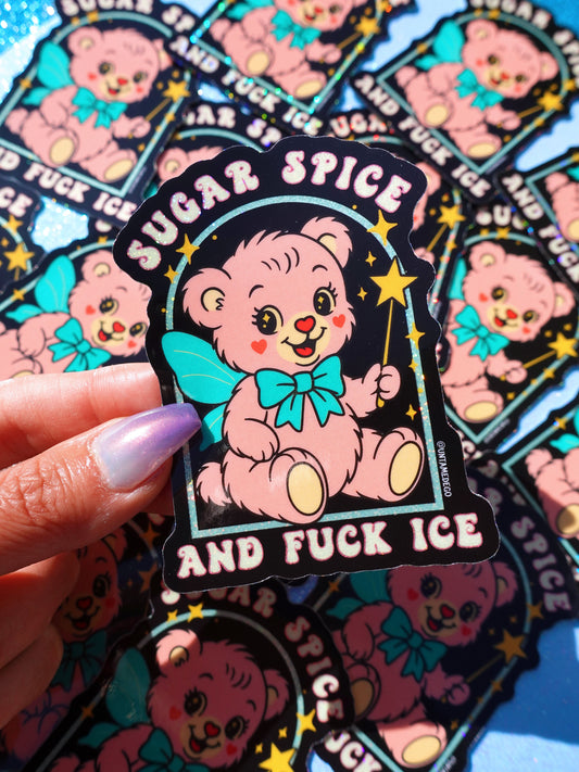 Sugar Spice and F*ck ICE Sticker – Retro Kawaii Bear Protest Vinyl Sticker – Anti-ICE Political Statement – Cute but Revolutionary Vinyl Sticker