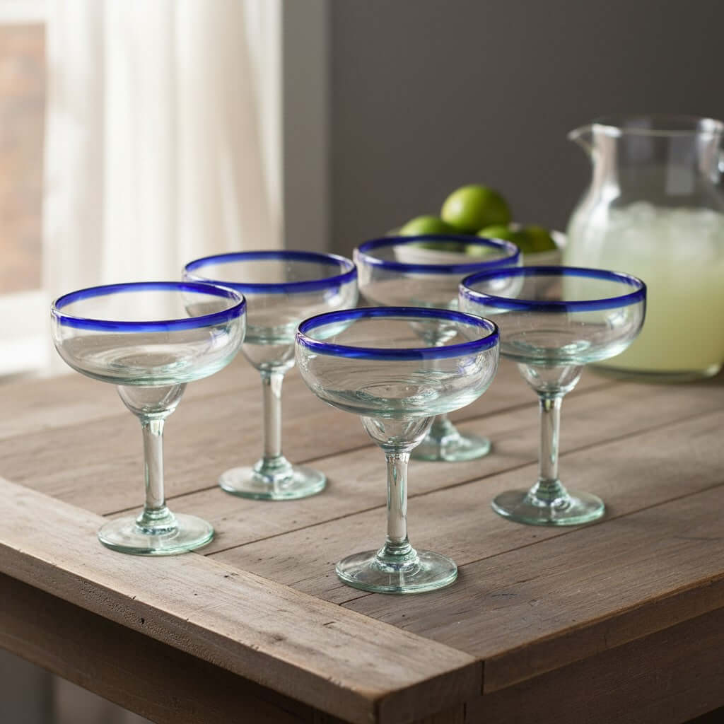Hand-Blown Mexican Margarita Glass | Classic Cobalt Rim