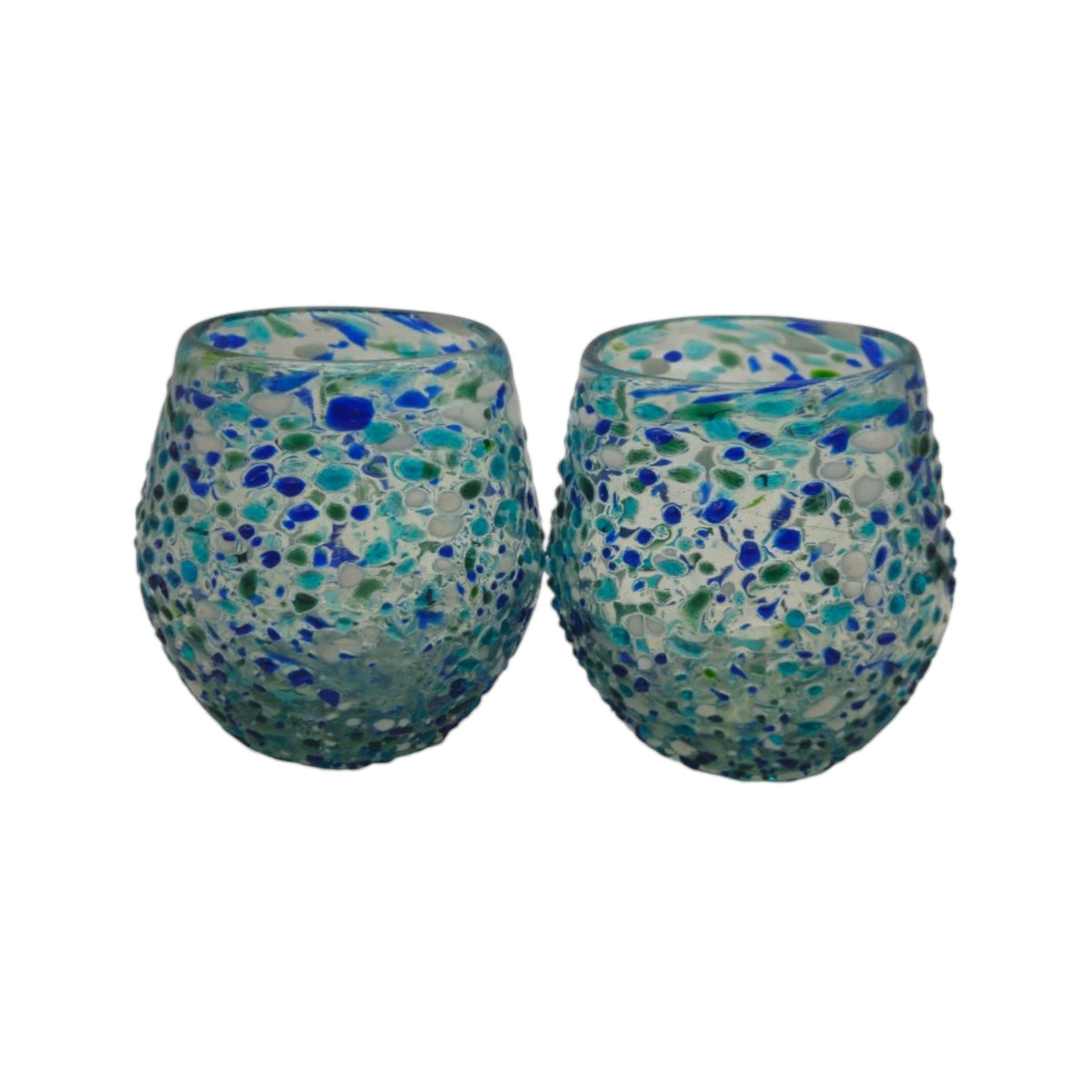 Hand-Blown Stemless Wine Glass | Blue Green Confetti Design