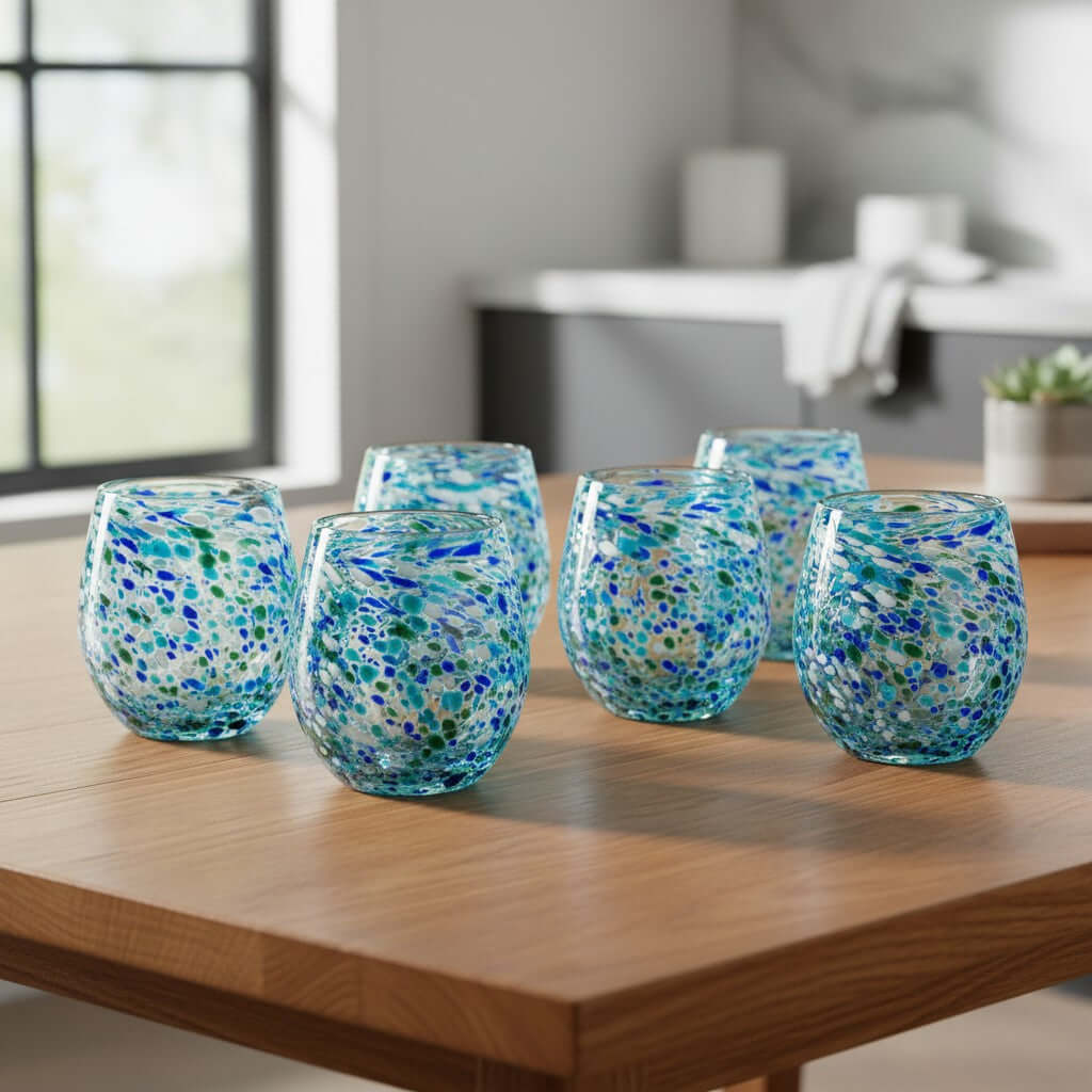 Hand-Blown Stemless Wine Glass | Blue Green Confetti Design