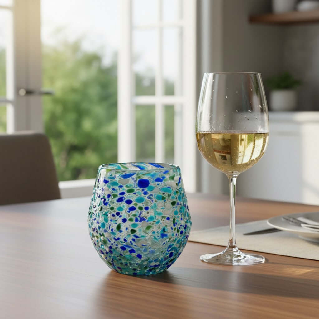 Hand-Blown Stemless Wine Glass | Blue Green Confetti Design