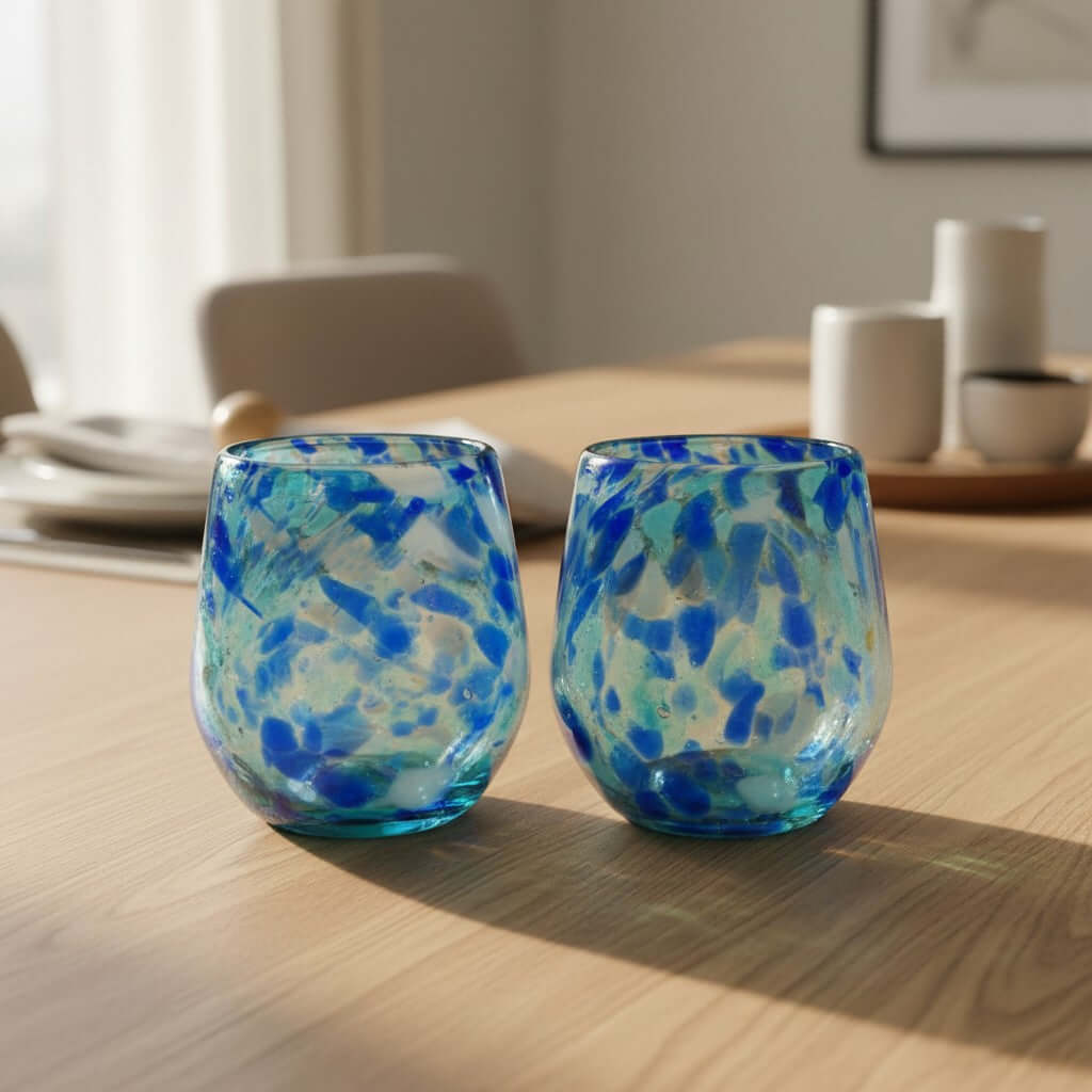Hand-Blown Mexican Stemless Wine Glass | Blue and White Snow Pattern