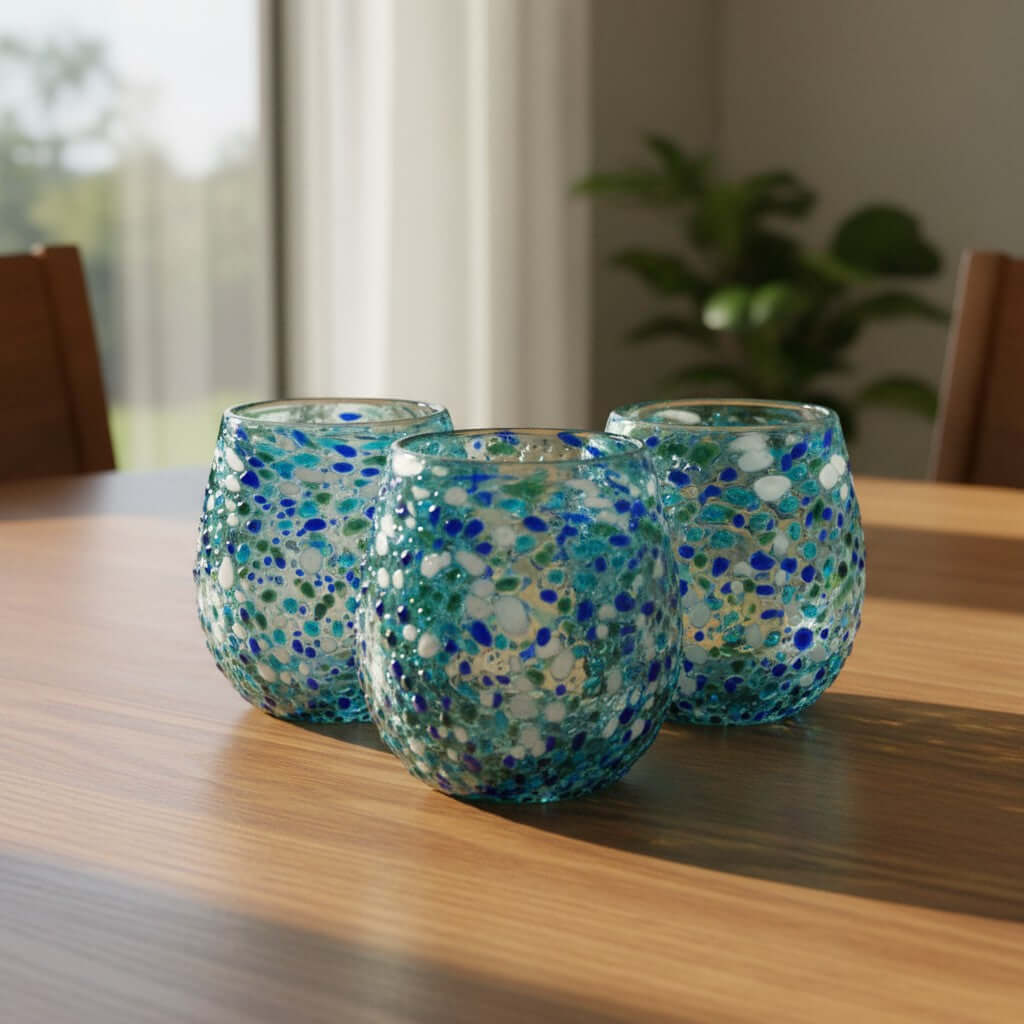 Hand-Blown Stemless Wine Glass | Blue Green Confetti Design
