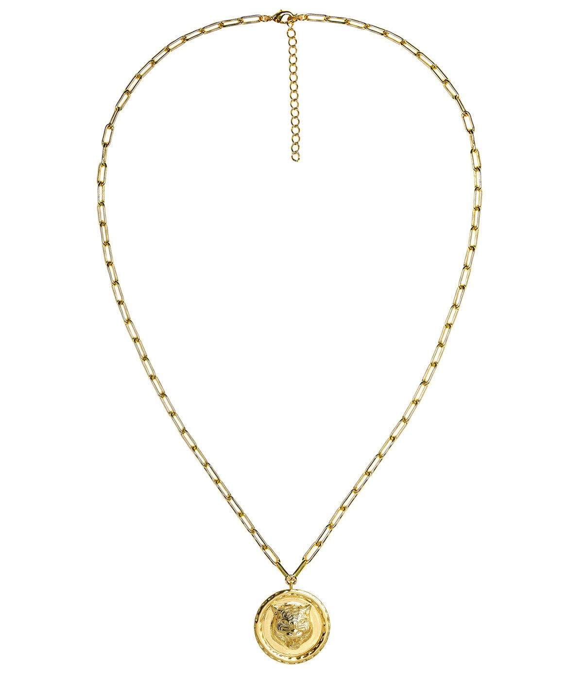 Gold necklace with a round pendant on a white background