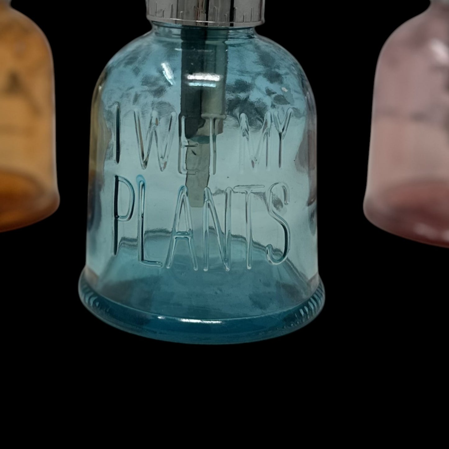"I WET MY PLANTS" Blue Colored Glass Garden Water Mister