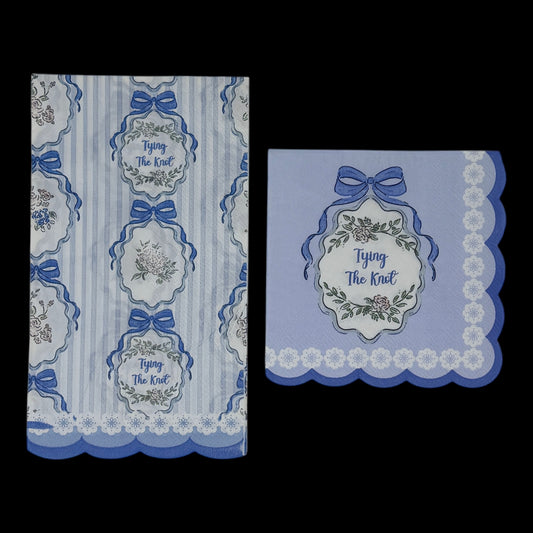 Tying The Knot Mixed Set Decoupage Paper Napkins – Bridal Shower Coquette Blue Bow | 2 Guest 2 Cocktail