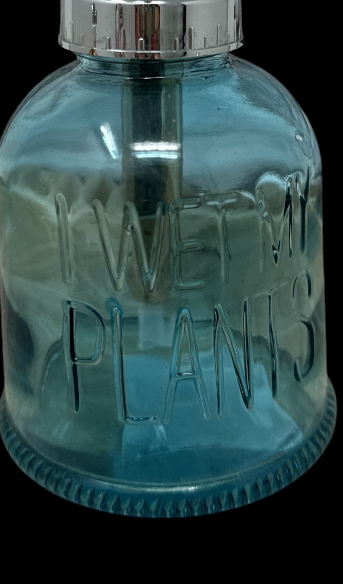 "I WET MY PLANTS" Blue Colored Glass Garden Water Mister