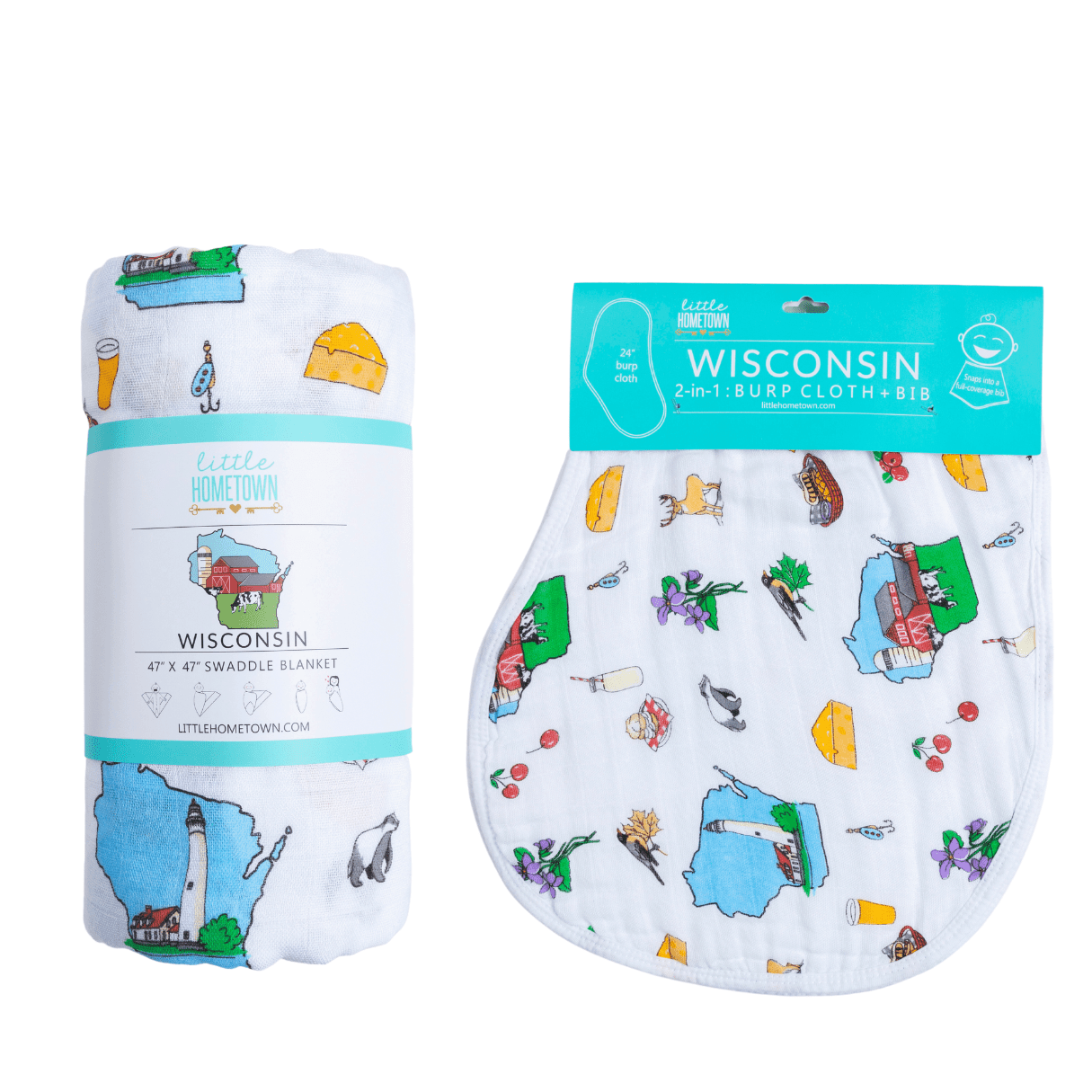 Wisconsin Newborn Gift Set: Muslin Swaddle & Bib | Organic Cotton