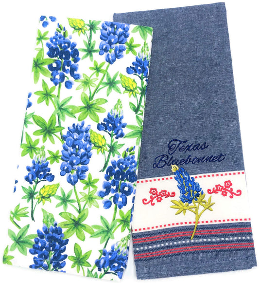 Texas Bluebonnets Embroidered Tea Towel & Texas Bluebonnets Set of 2 Kitchen Towels